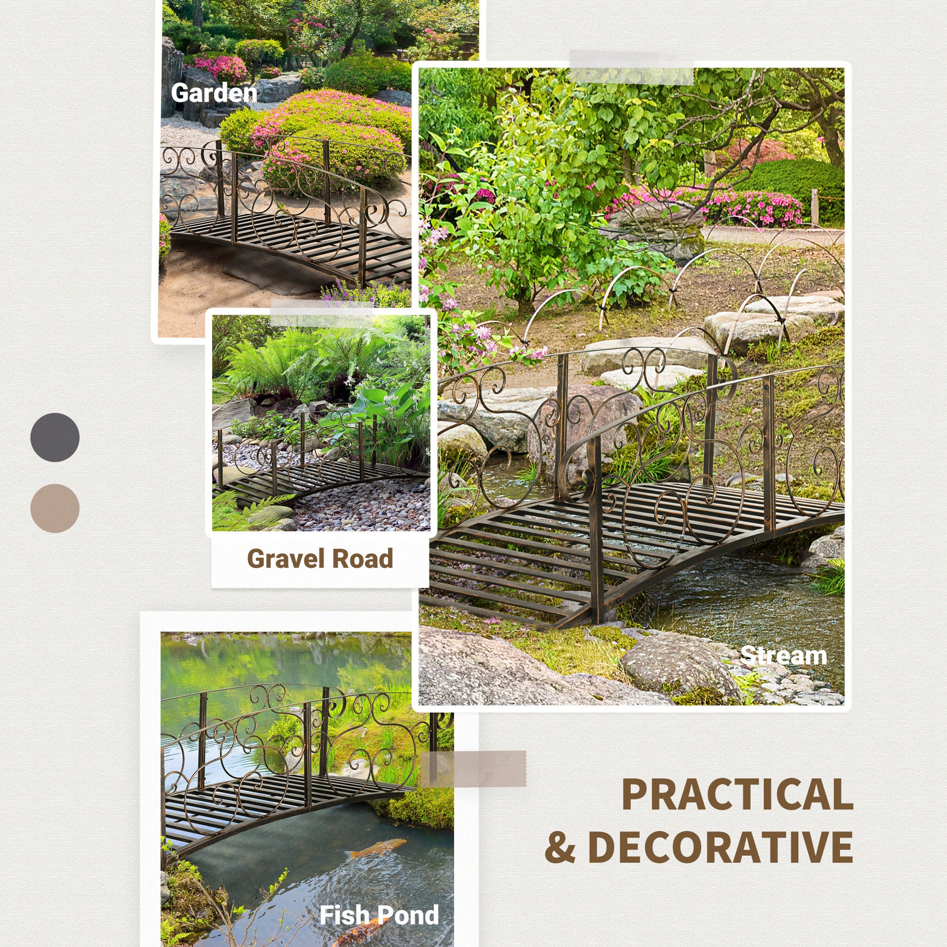 Bronze garden bridge with ornate scrollwork over a stone path