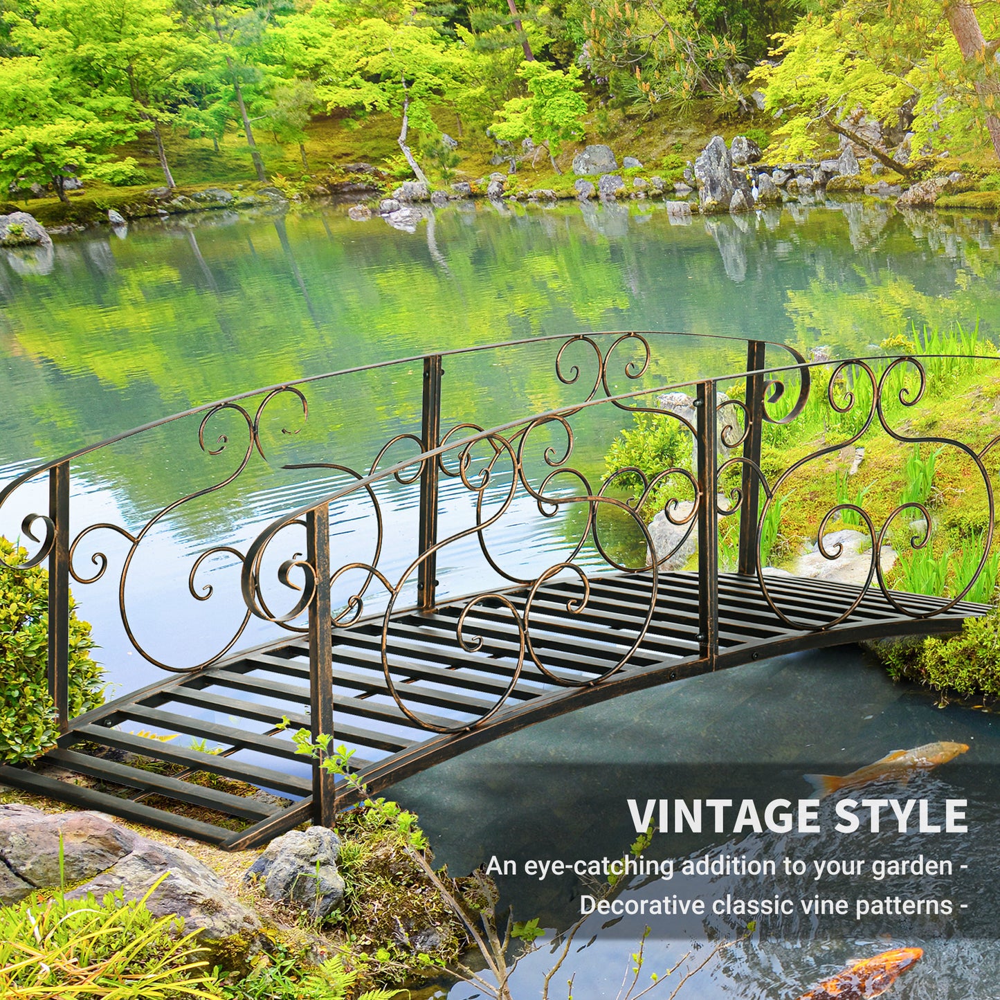Ornate black metal garden bridge with vintage scrollwork accents