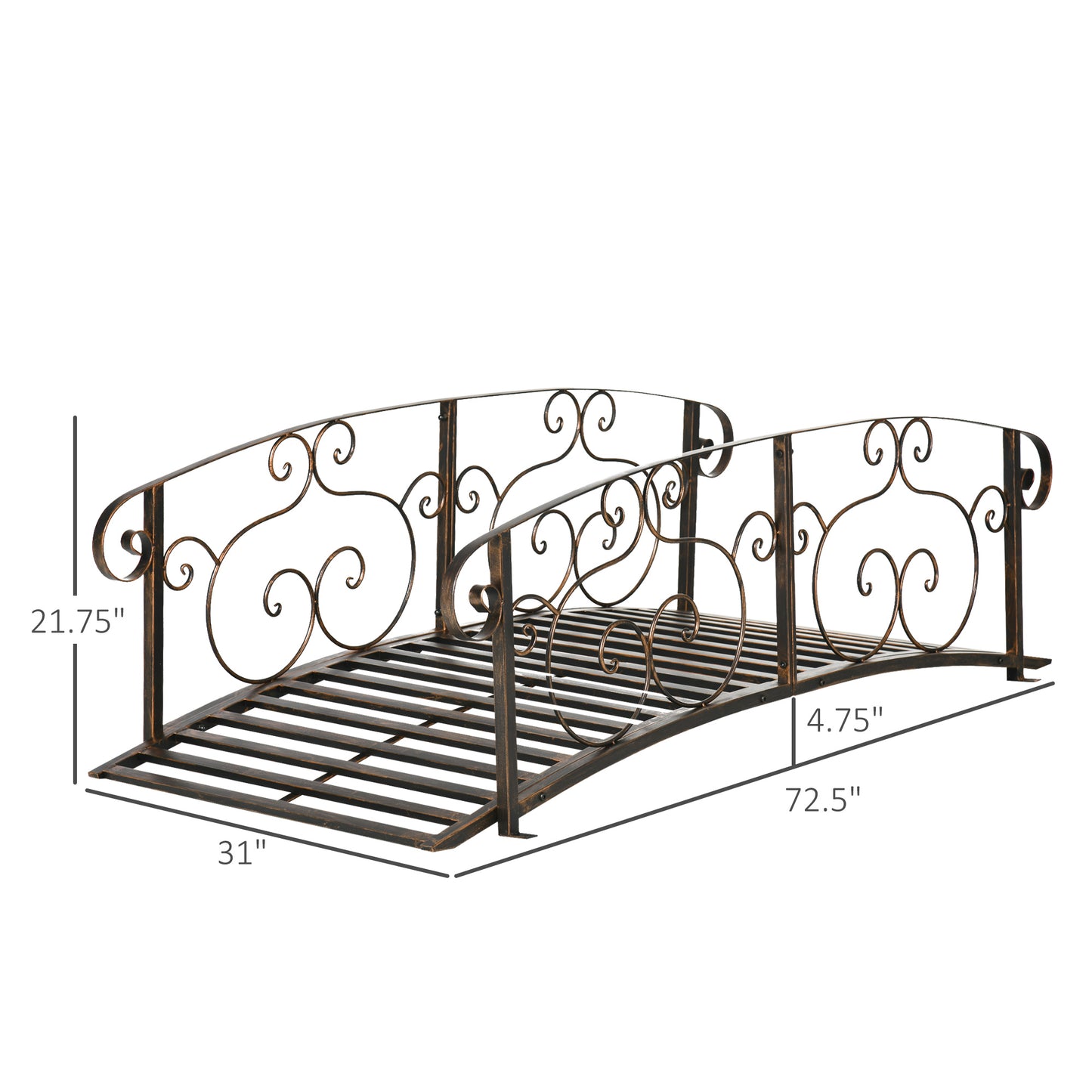 Wrought iron garden bridge with ornate scrollwork and durable metal construction for outdoor decor