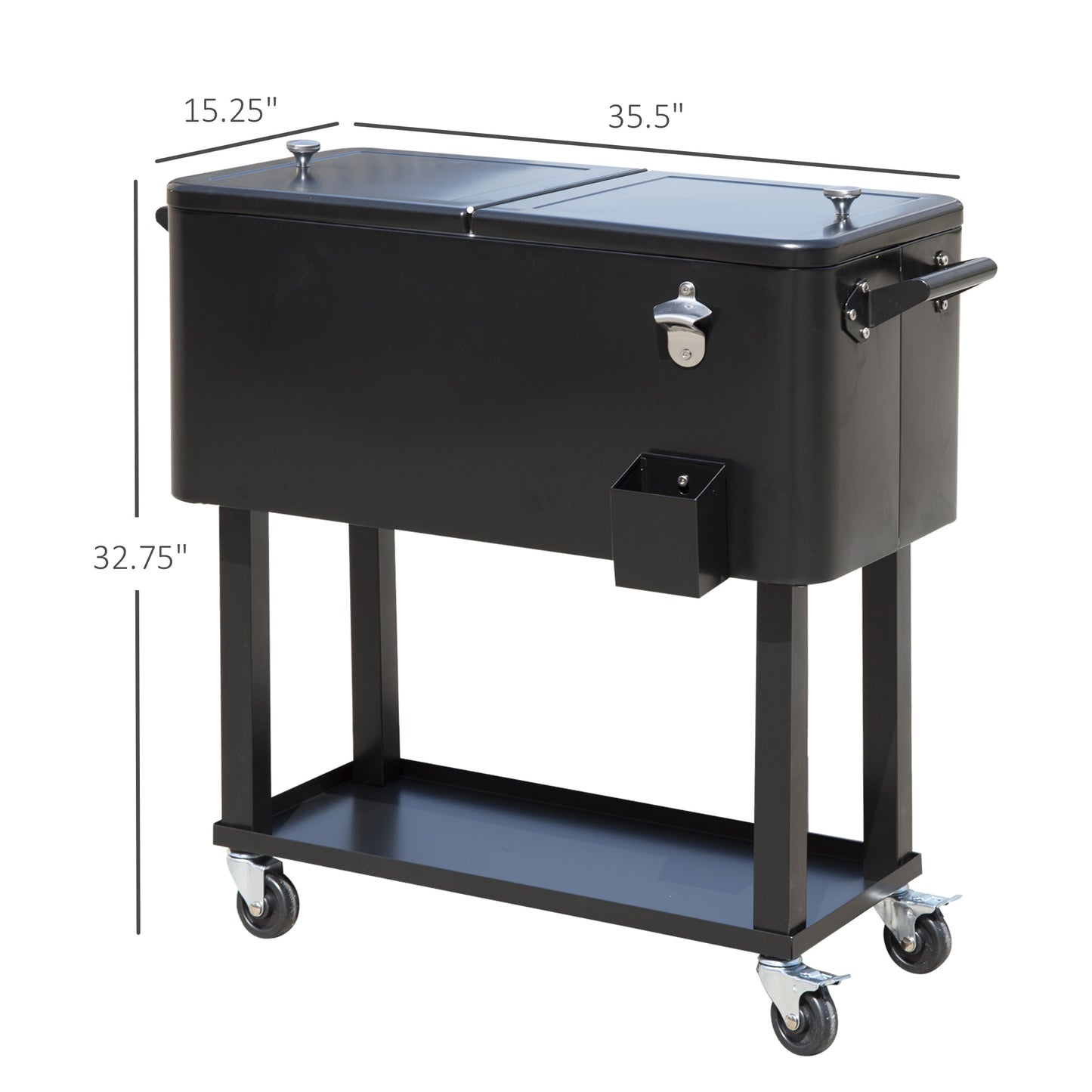 Black rolling cooler cart with bottle opener and ice bin  length