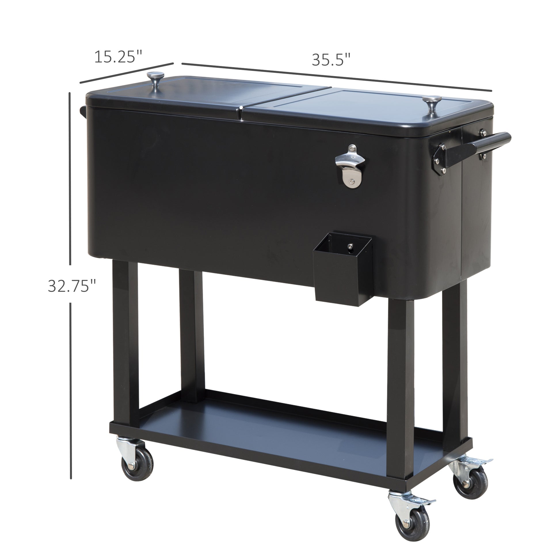 Black rolling cooler cart with bottle opener and ice bin  length
