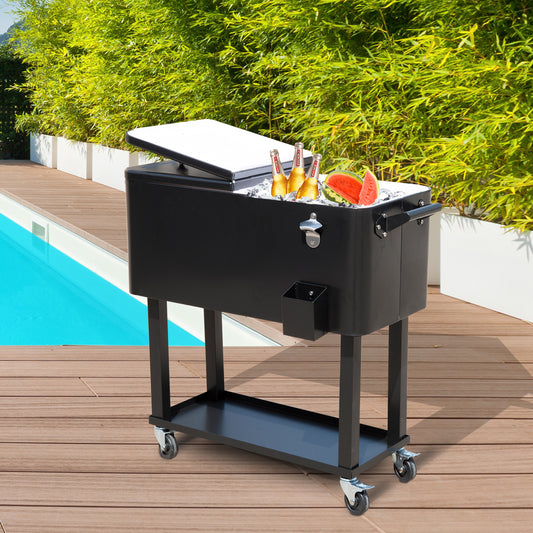 Black rolling cooler cart with bottle opener filled with ice beer and watermelon by pool