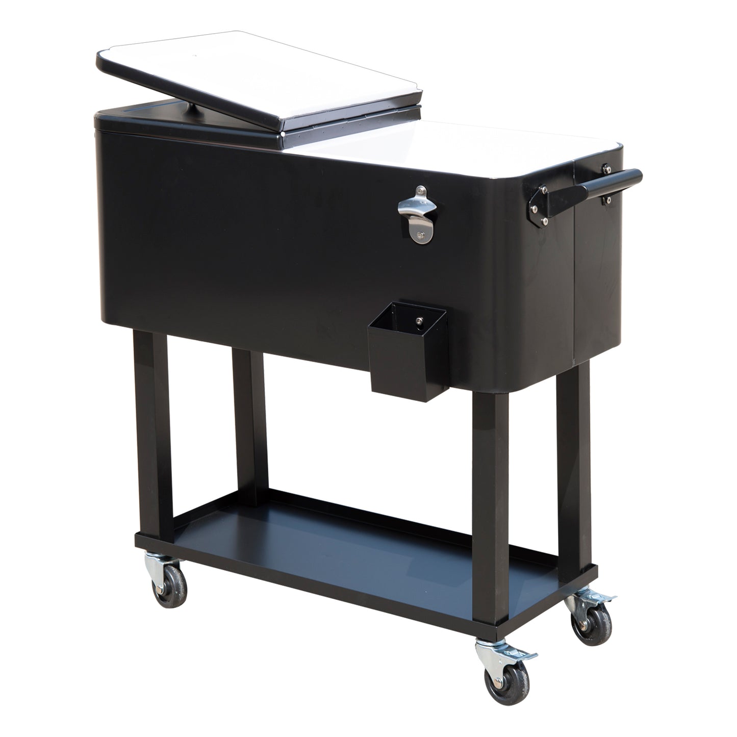 Black metal rolling cooler cart with bottle opener and side caddy perfect for outdoor parties