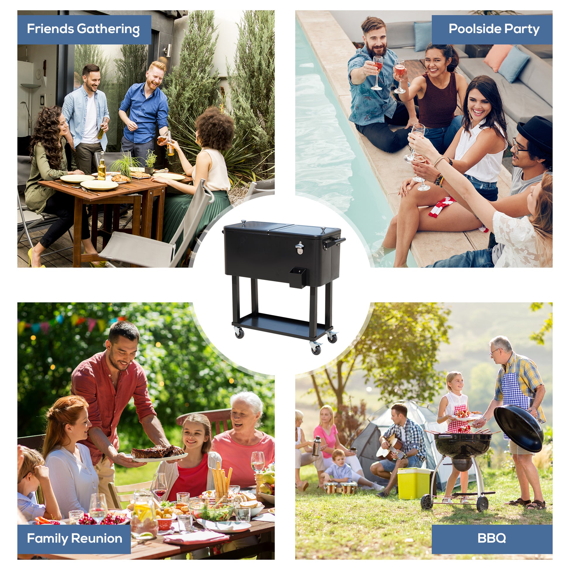 Black dualcompartment cooler cart with bottle opener and wheels ideal for outdoor parties