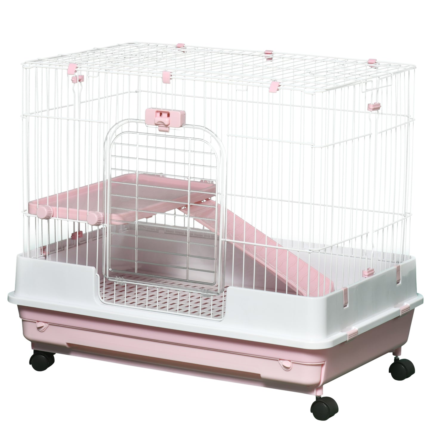 White wire hamster cage with pink levels and ramp suitable for small pets
