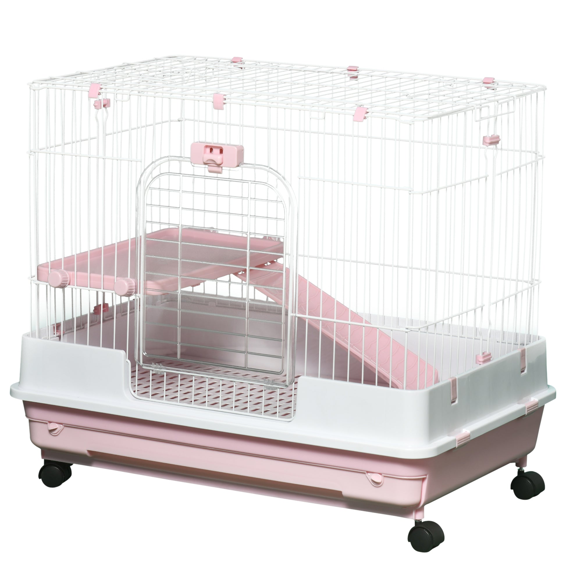 White wire hamster cage with pink levels and ramp suitable for small pets