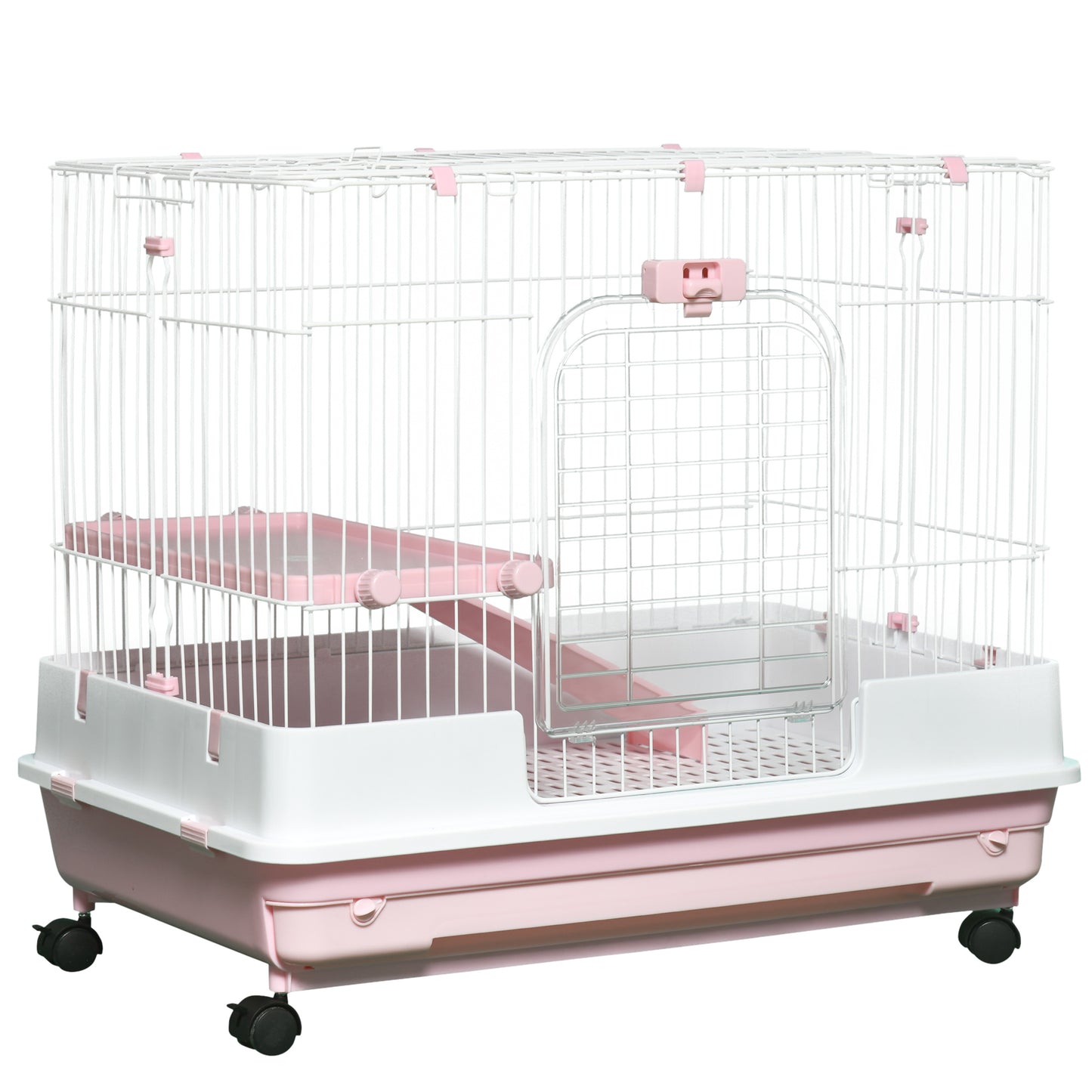 White and pink multilevel pet cage with wheels for small animals