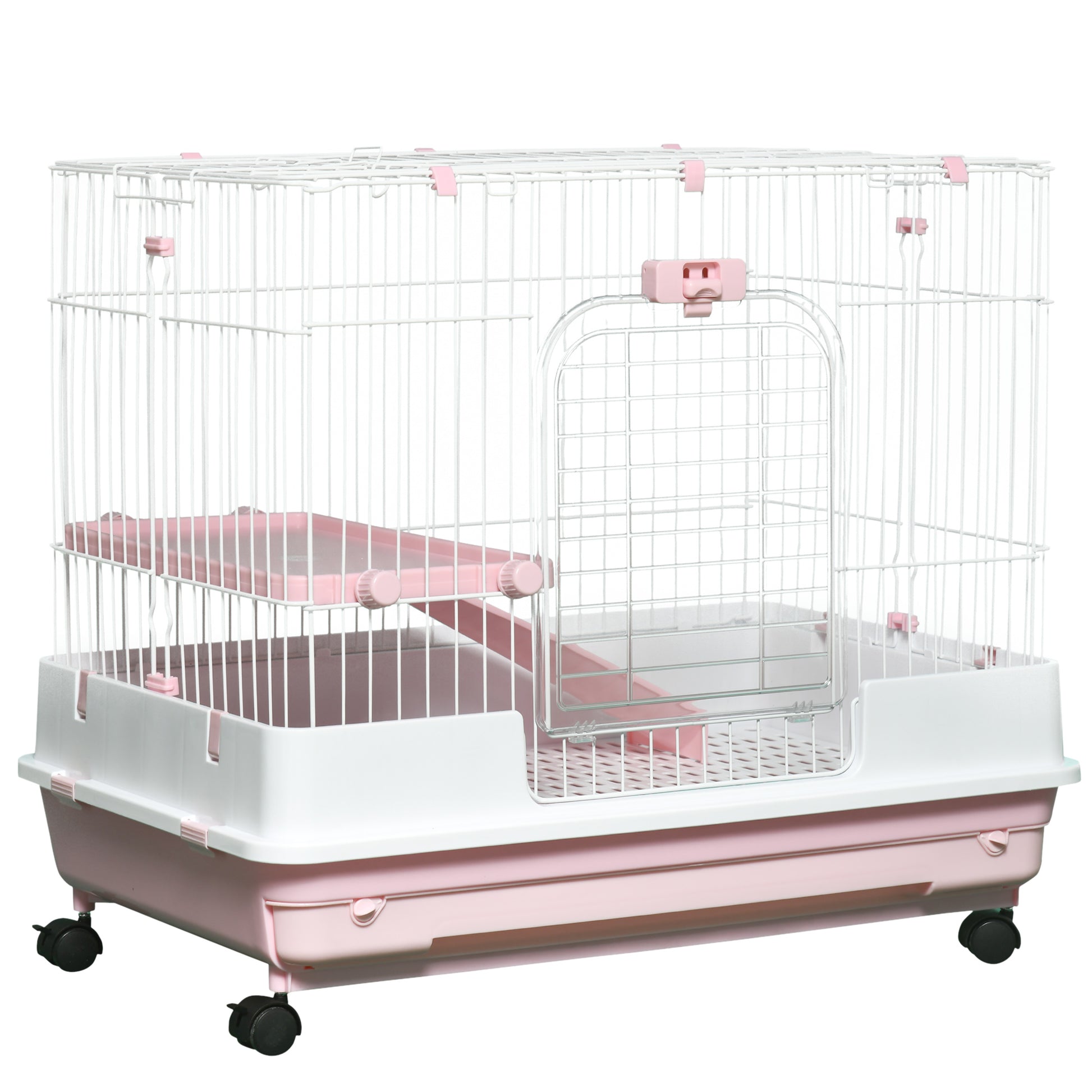 White and pink multilevel pet cage with wheels for small animals
