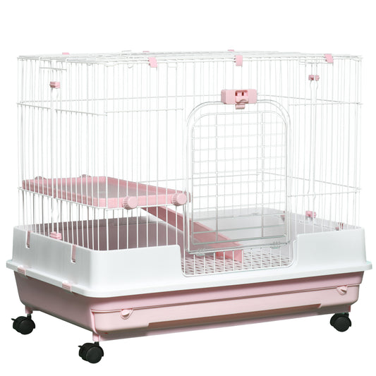 White and pink multilevel pet cage with wheels for small animals