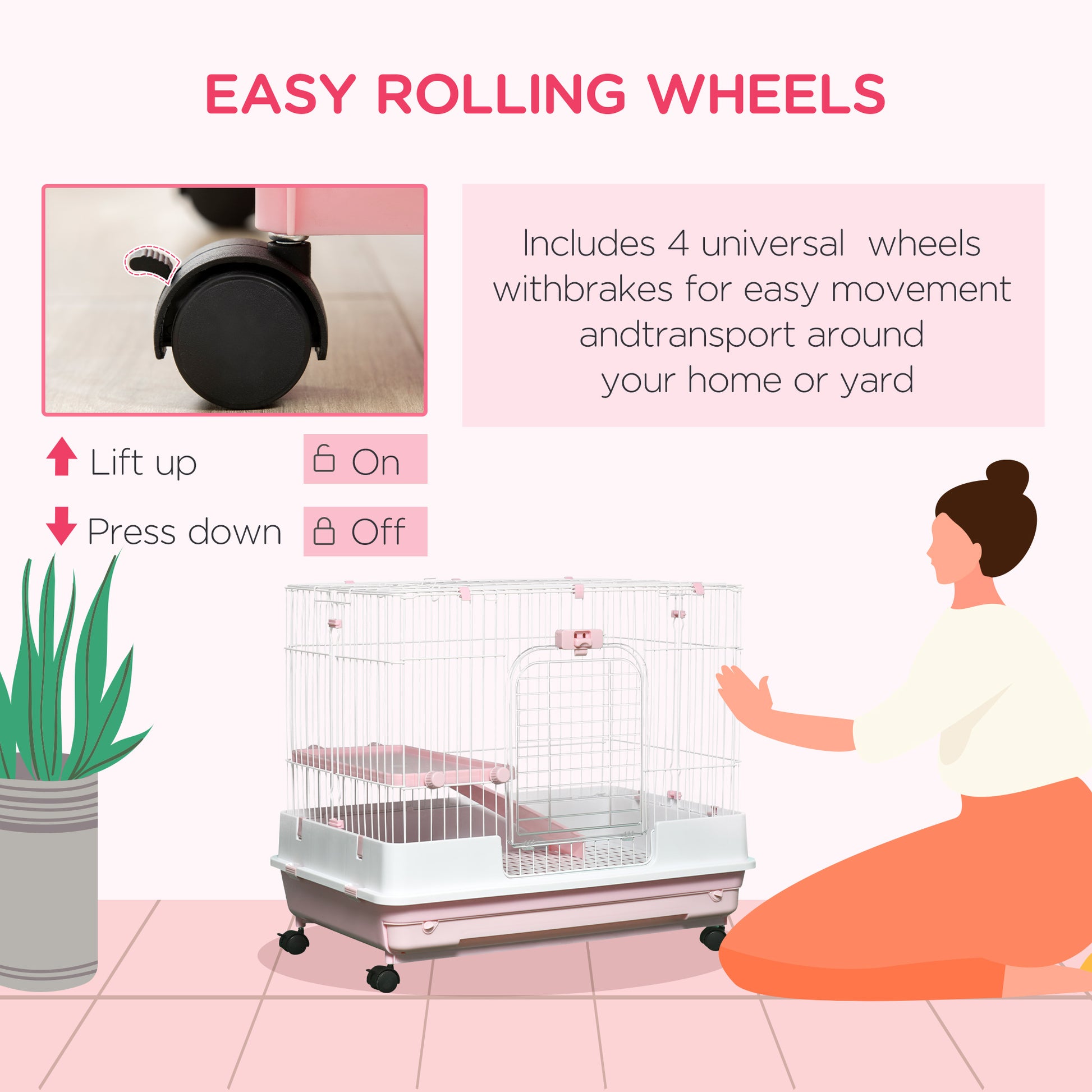 Pink pet cage with easy rolling wheels featuring a white wire frame and pink accents
