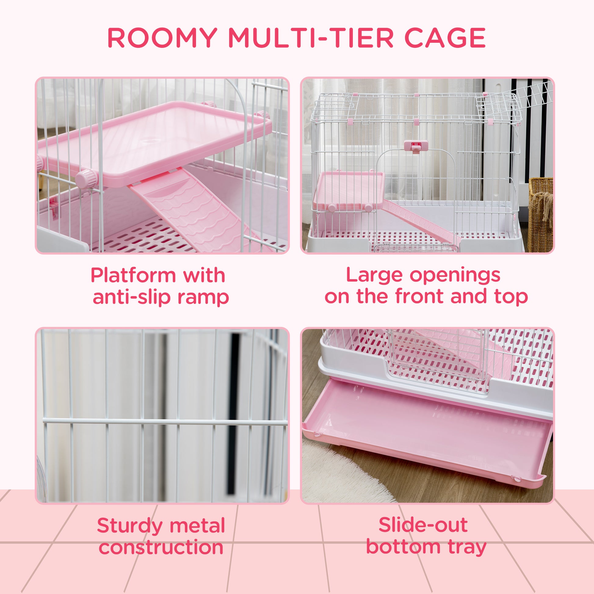 Pink multitier pet cage with ramps and platforms for small animals