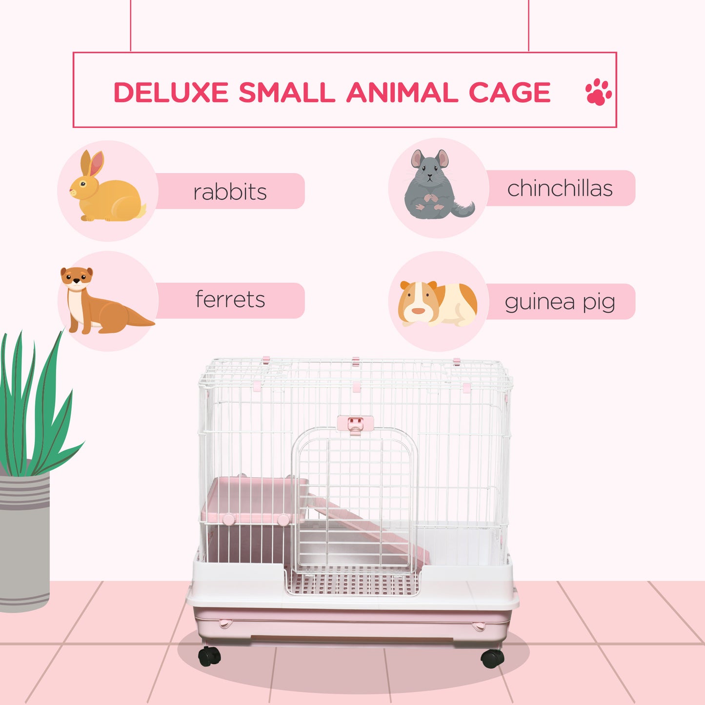 Deluxe white wire small animal cage with pink accents and ramp for rabbits