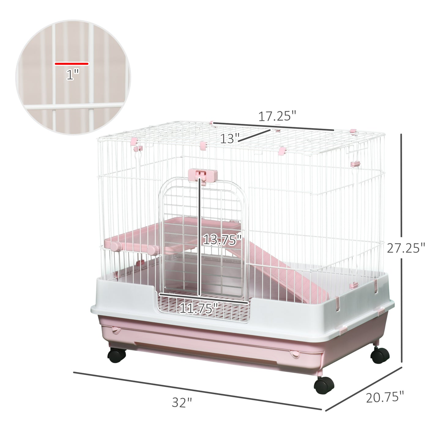 White wire small animal cage with pink accents and ramps