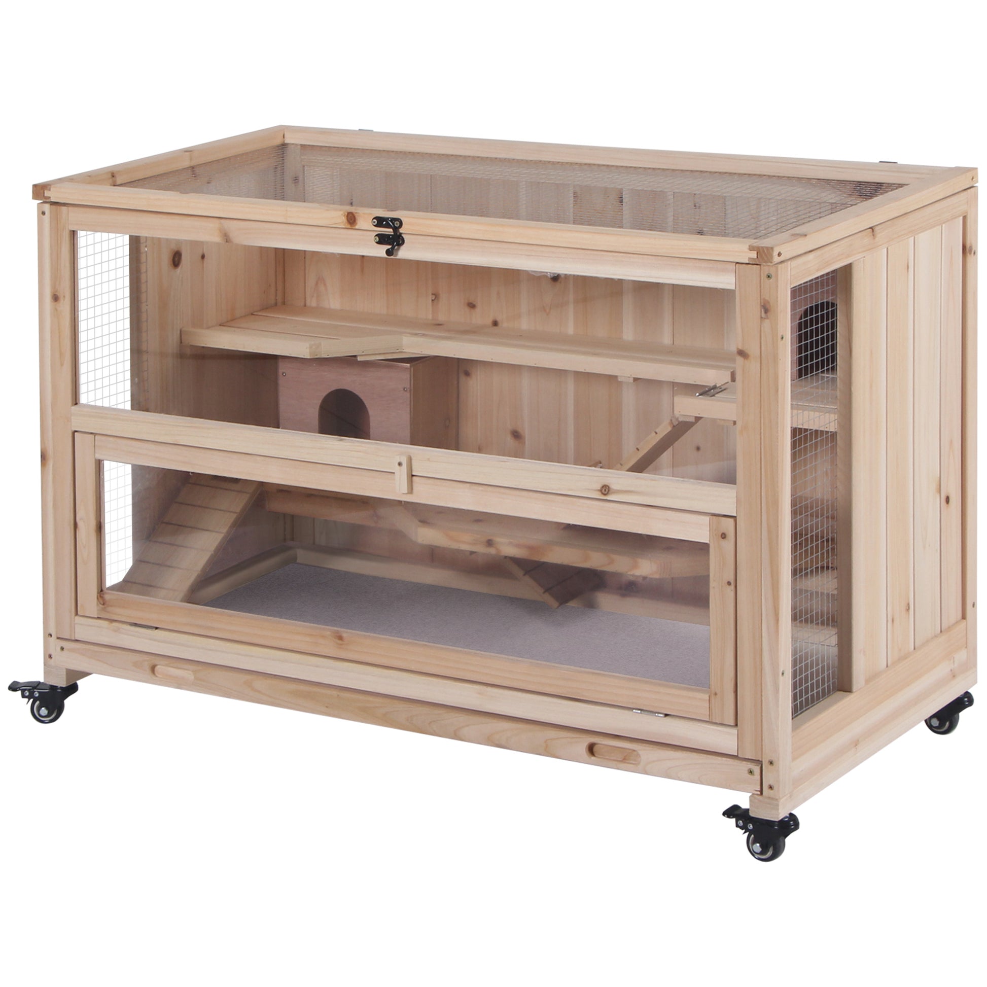 Natural wood small animal habitat with clear acrylic doors and multiple levels for enrichment