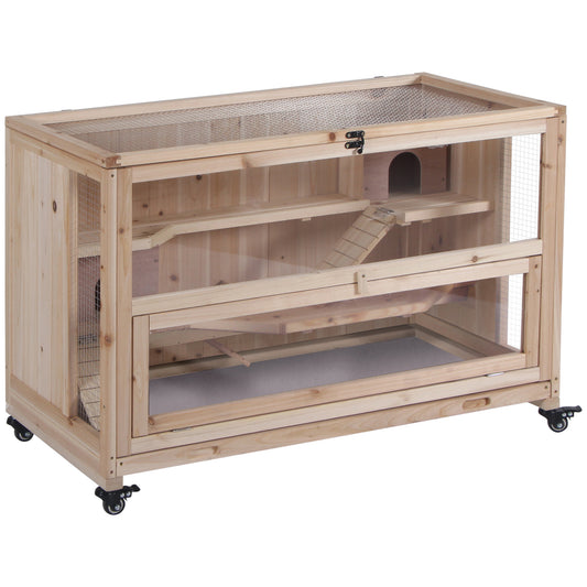 Wooden small pet cage with multiple levels ramps and clear front doors
