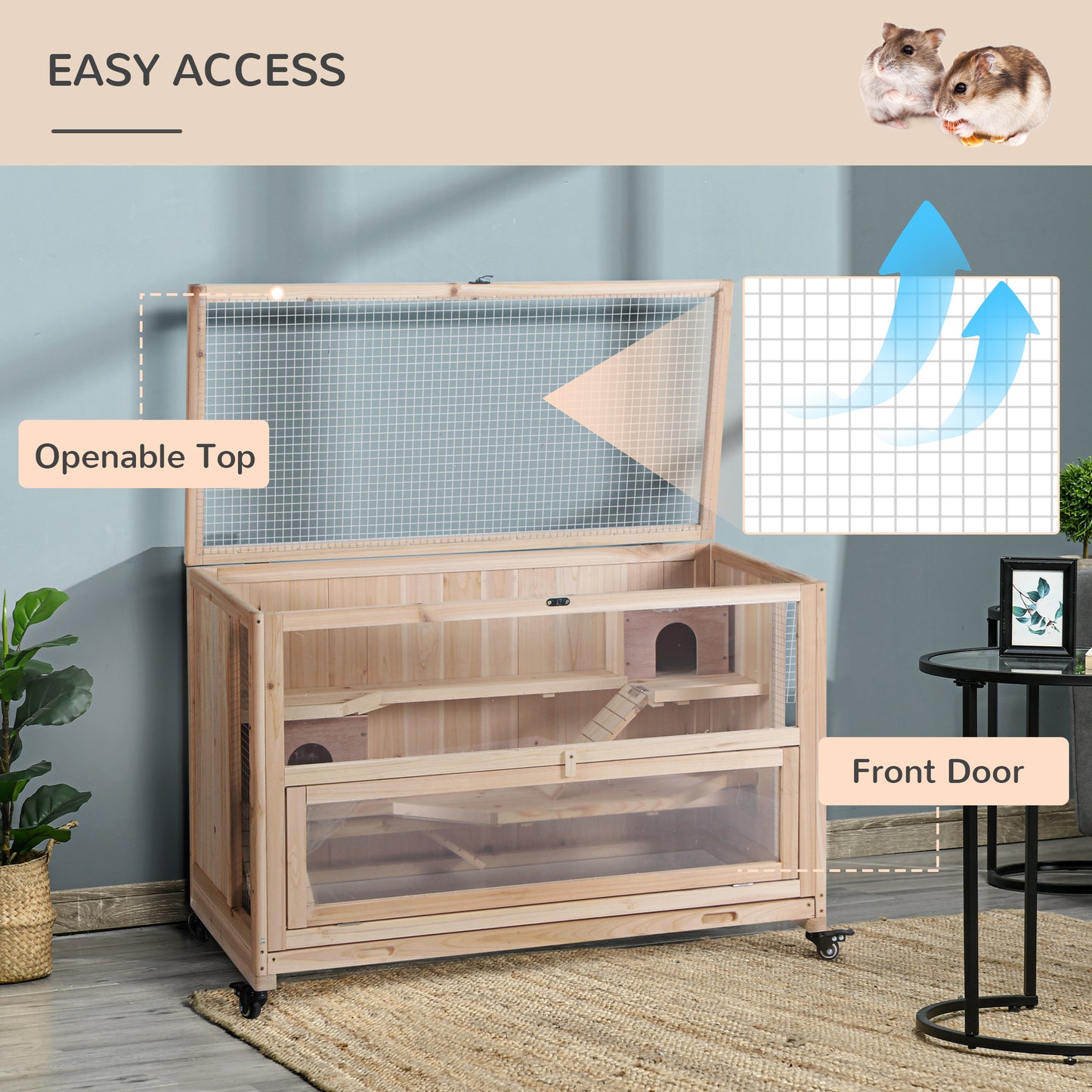 Wooden hamster cage with openable top and front door multiple levels and ramp