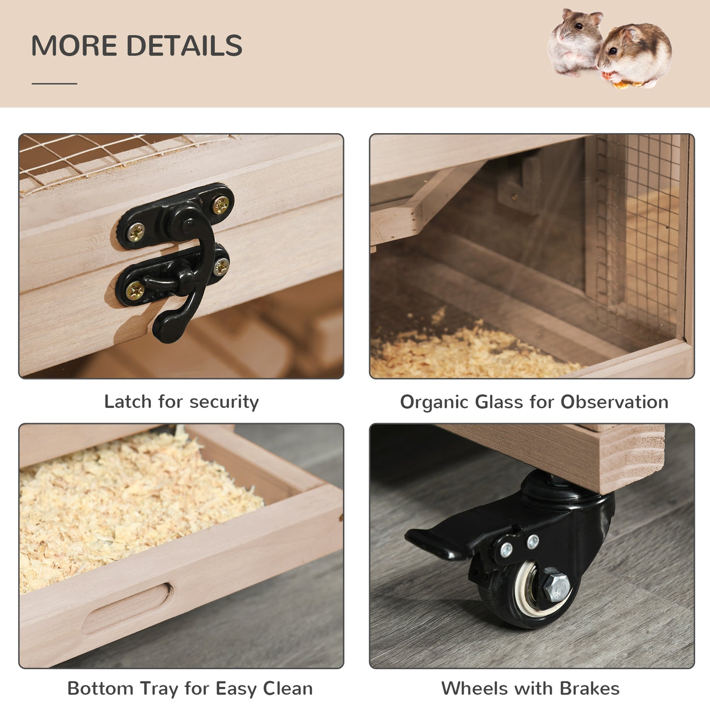 Closeup of a secure black metal latch on a light wood pet cage