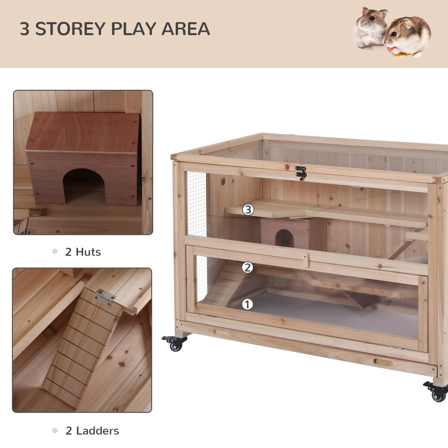 Threestory wooden hamster cage with transparent doors multiple platforms and accessories for small pets