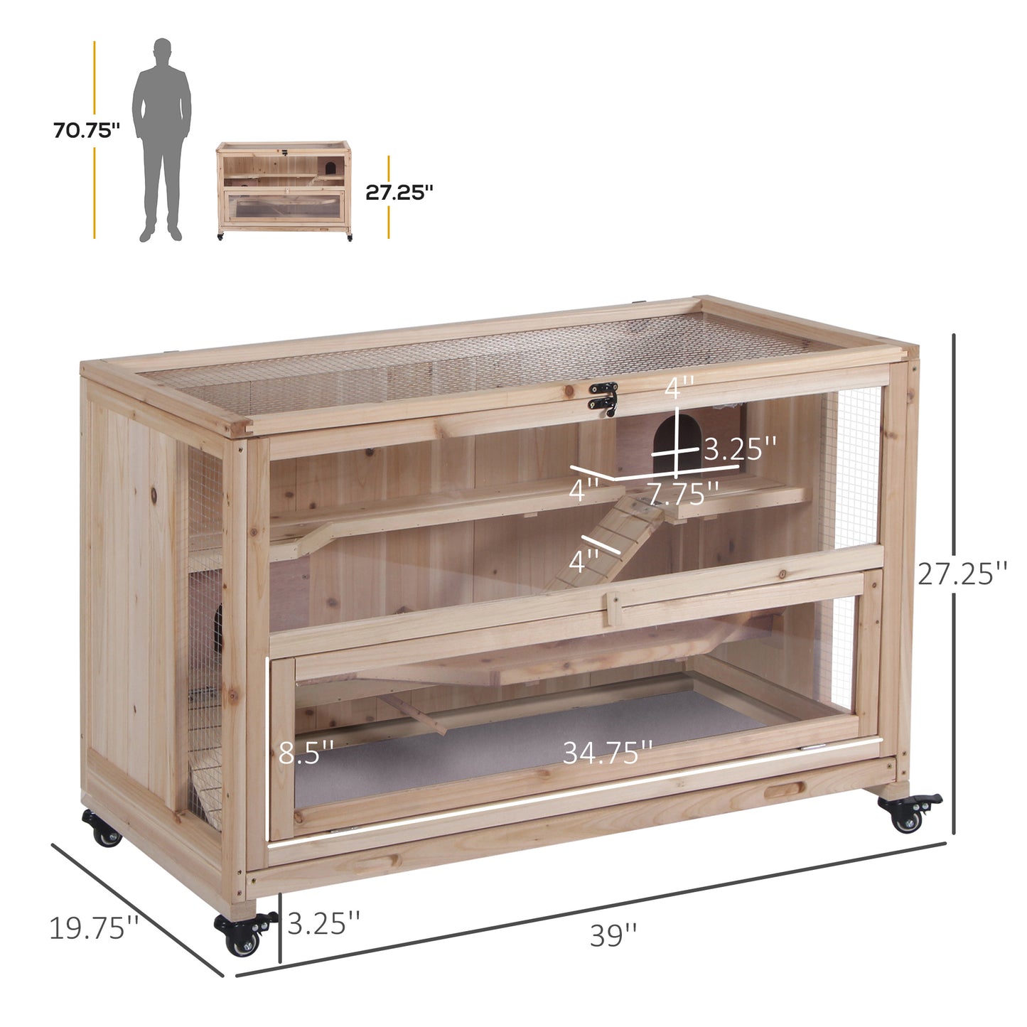 Spacious wooden hamster cage with multiple levels ramps and clear acrylic panels for easy viewing