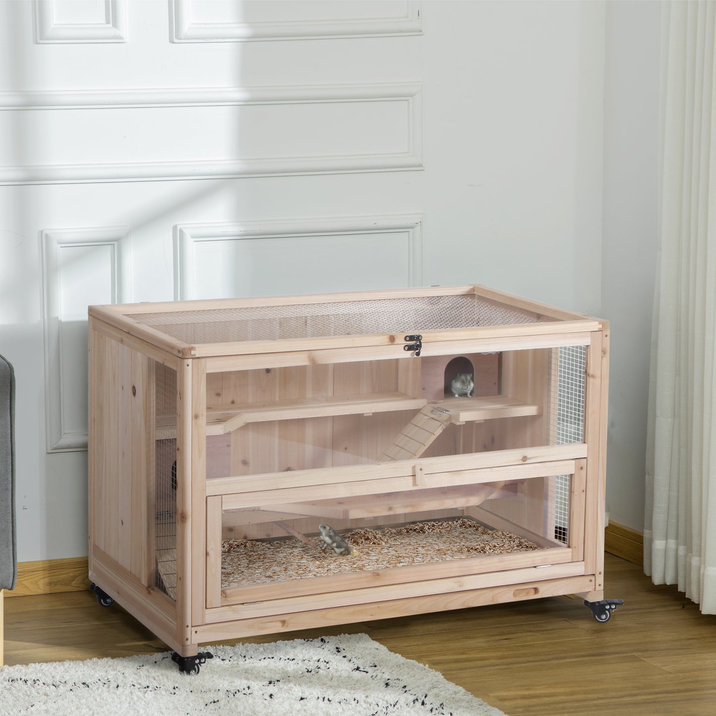 Natural wood hamster cage with multiple levels and wheels for easy movement