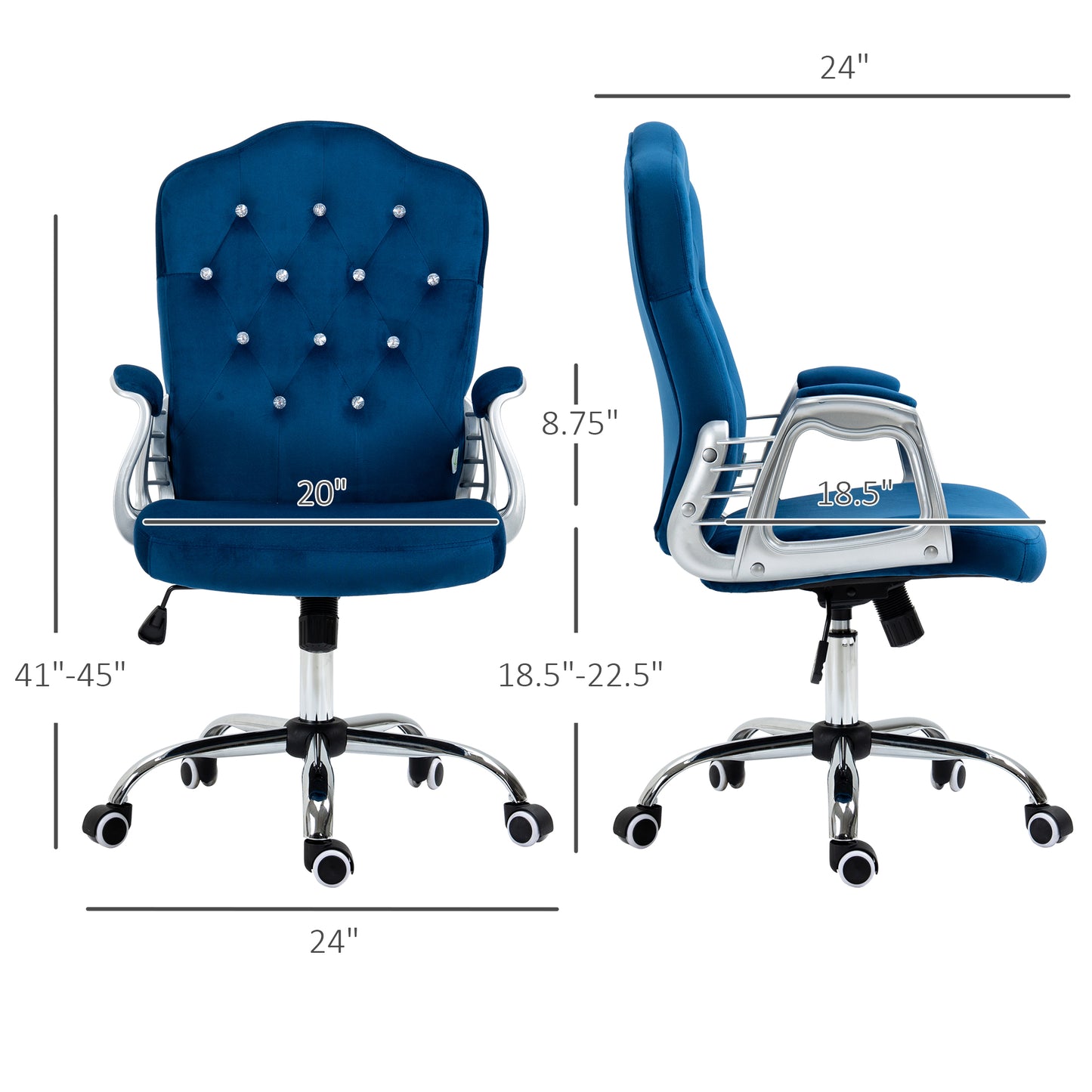 Blue velvet tufted office chair with crystal accents and silver arms