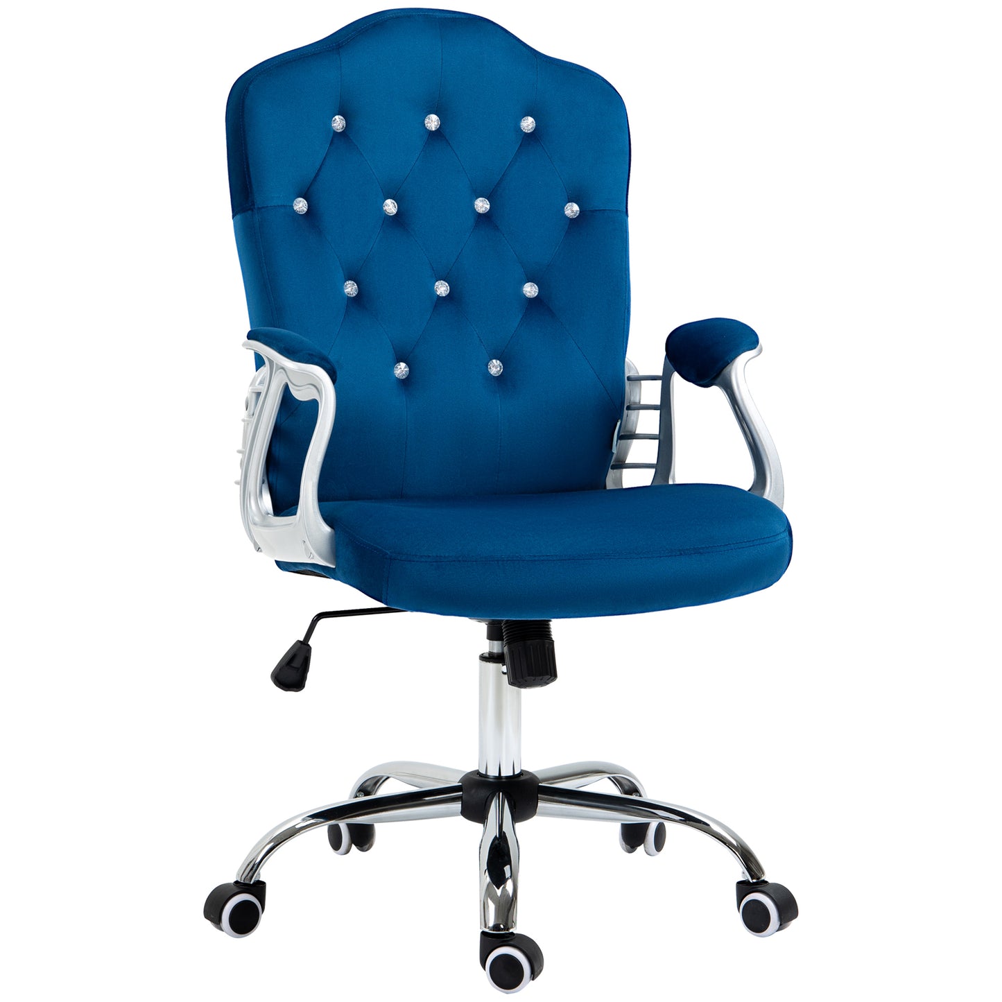 Tufted blue velvet executive chair with diamondlike accents and chrome base