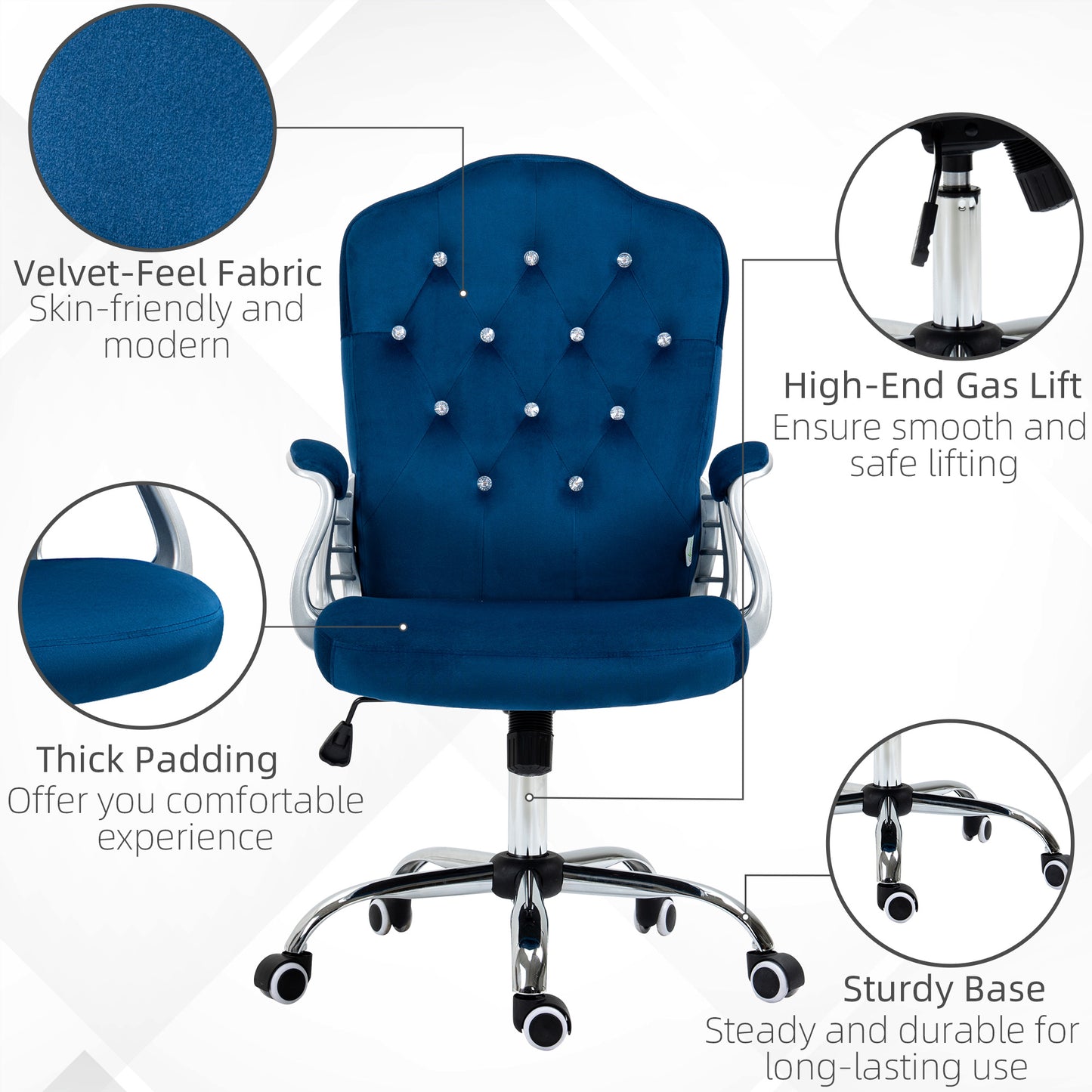 Deep blue velvet office chair with crystal button tufting and plush seat