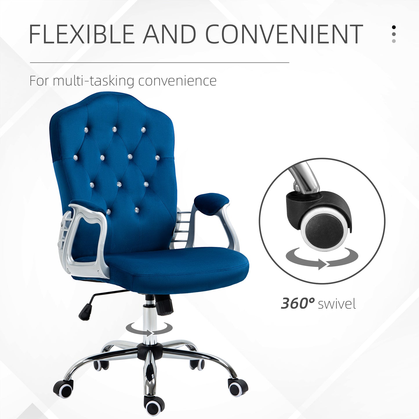 Deep blue velvet office chair with crystal tufting and silver accents