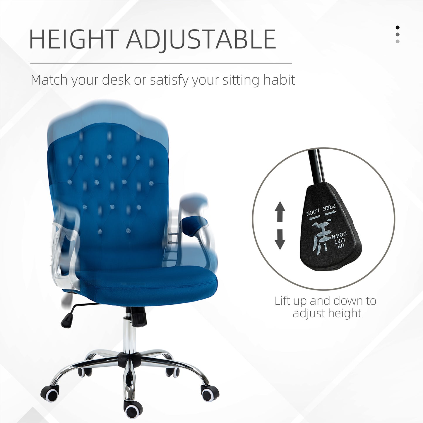 Tufted blue velvet office chair with chrome accents and adjustable height lever