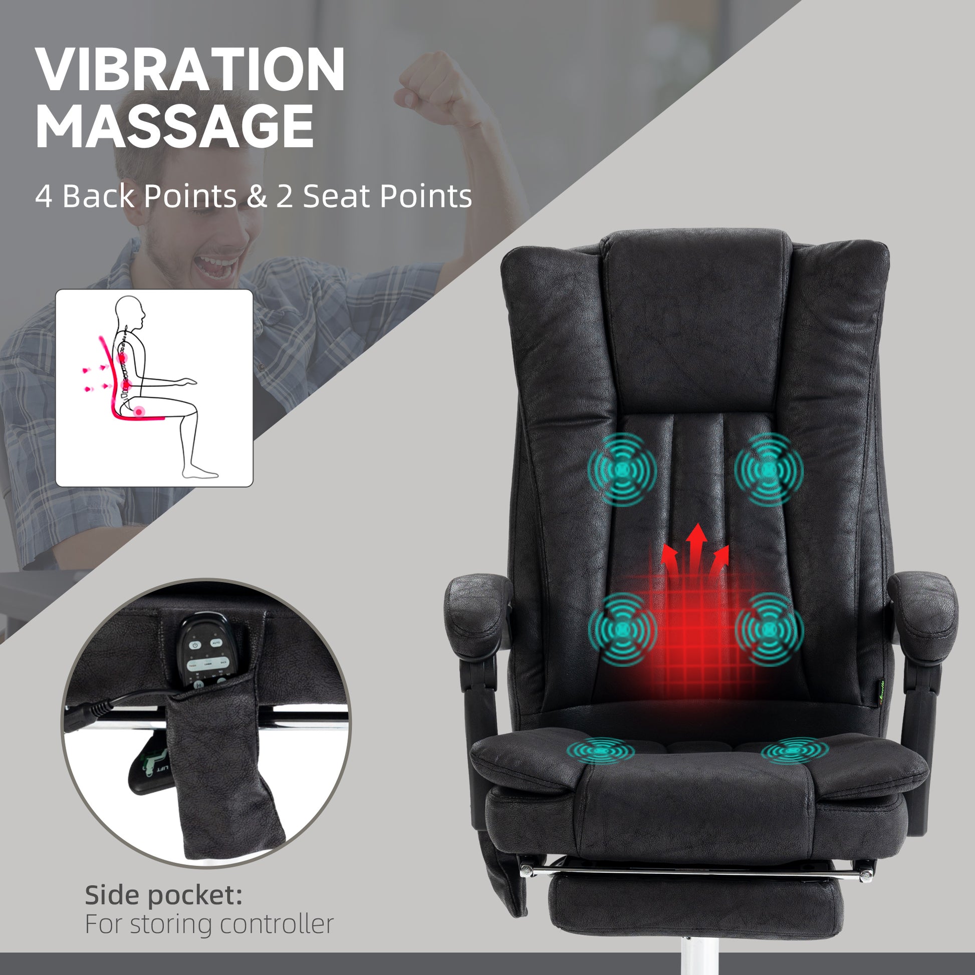 Black faux leather executive chair with integrated vibration massage feature