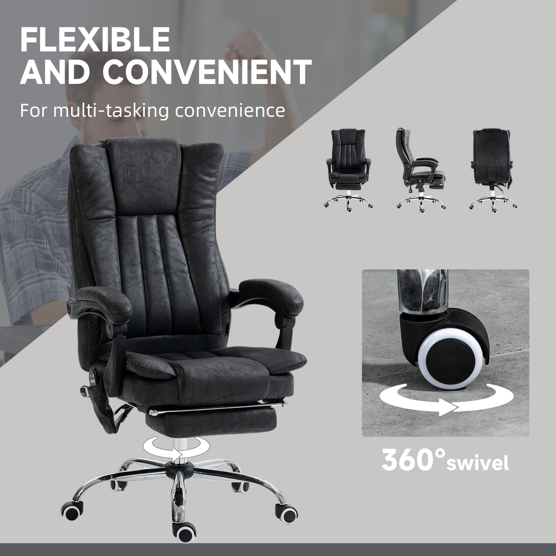 Black executive office chair with padded faux leather headrest and footrest