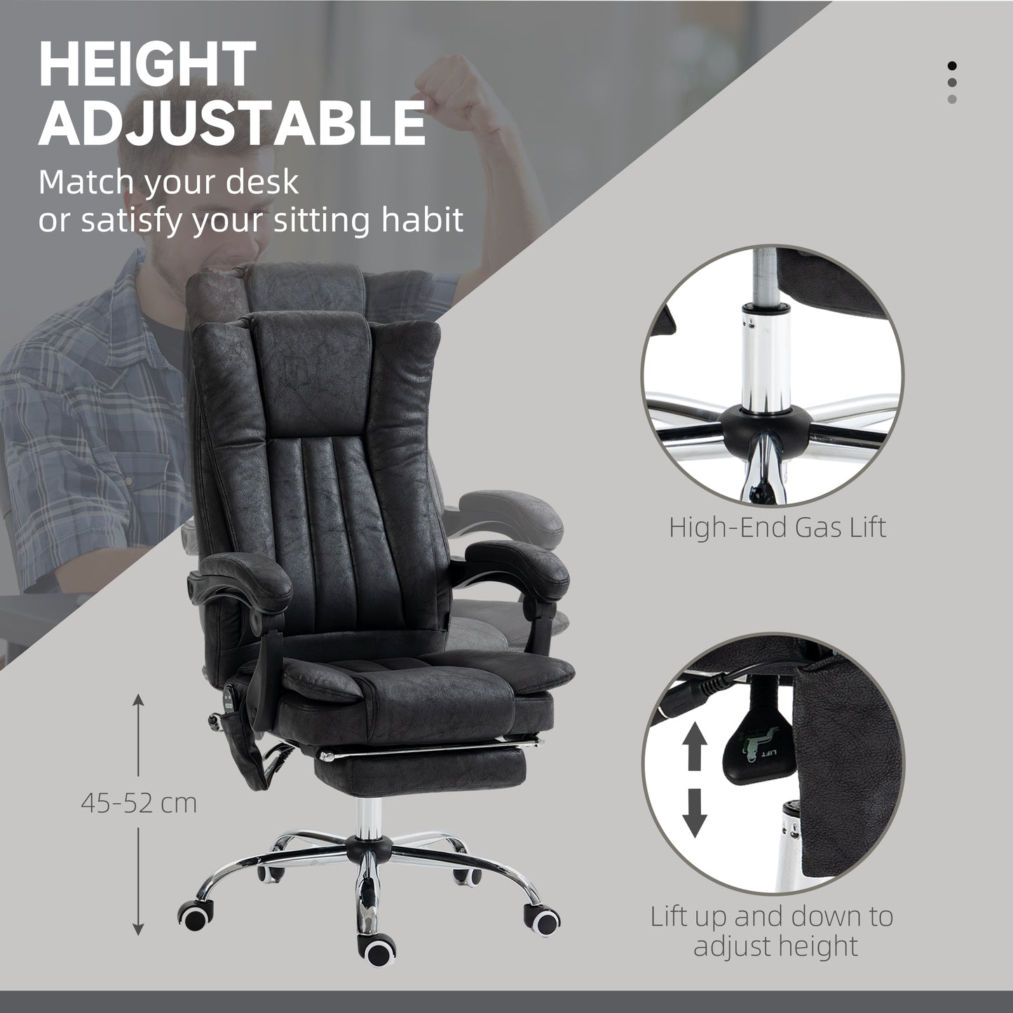 Black executive office chair with plush cushioning and retractable footrest