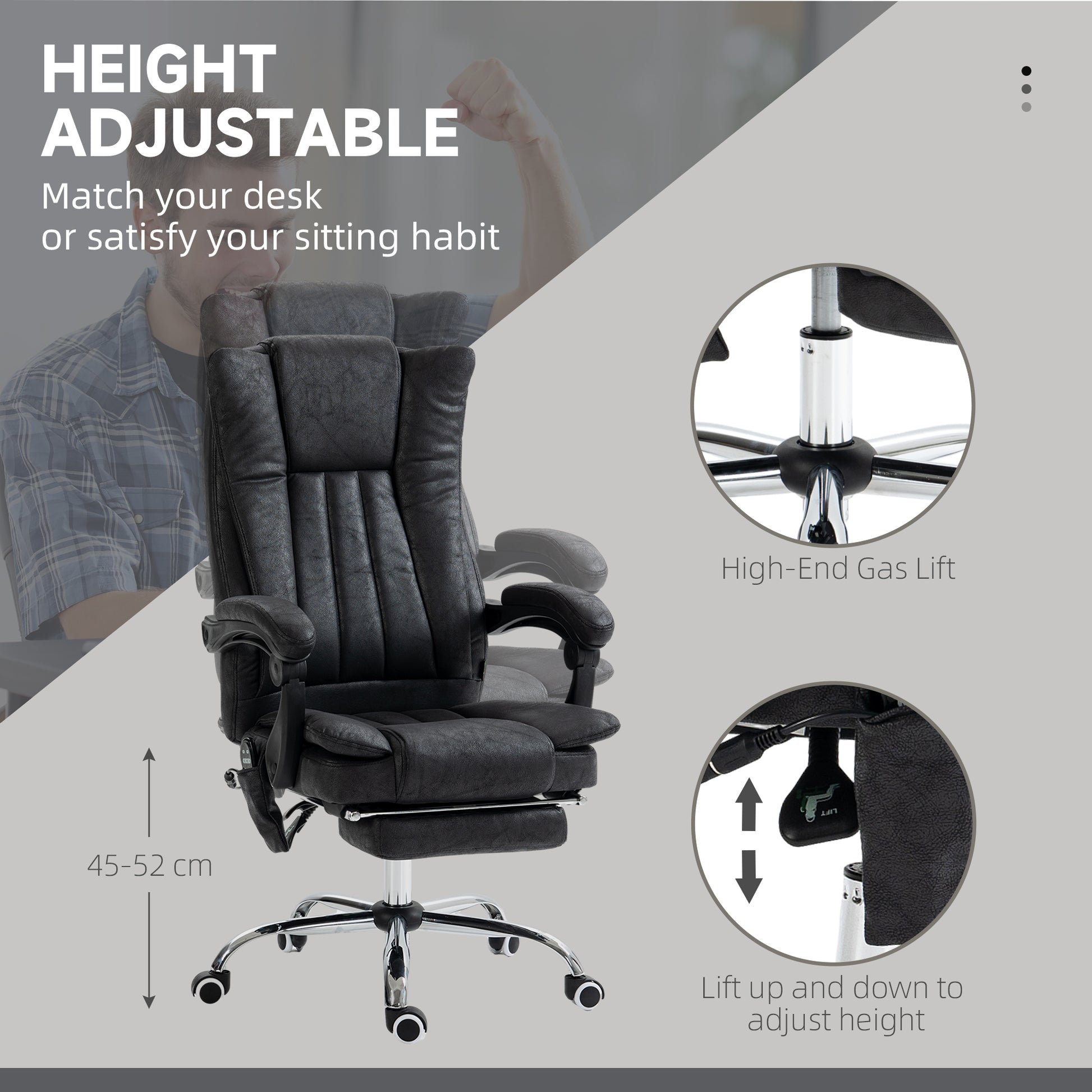 Black executive office chair with plush cushioning and retractable footrest