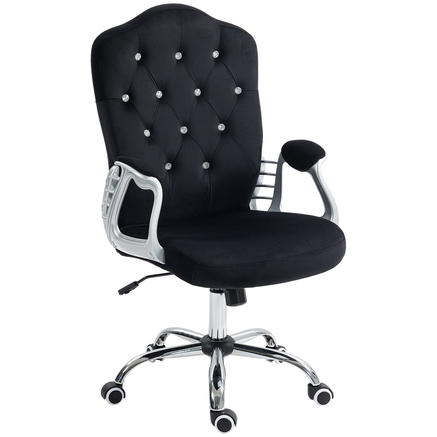 Elegant black velvet desk chair with diamond button tufting and silver arms