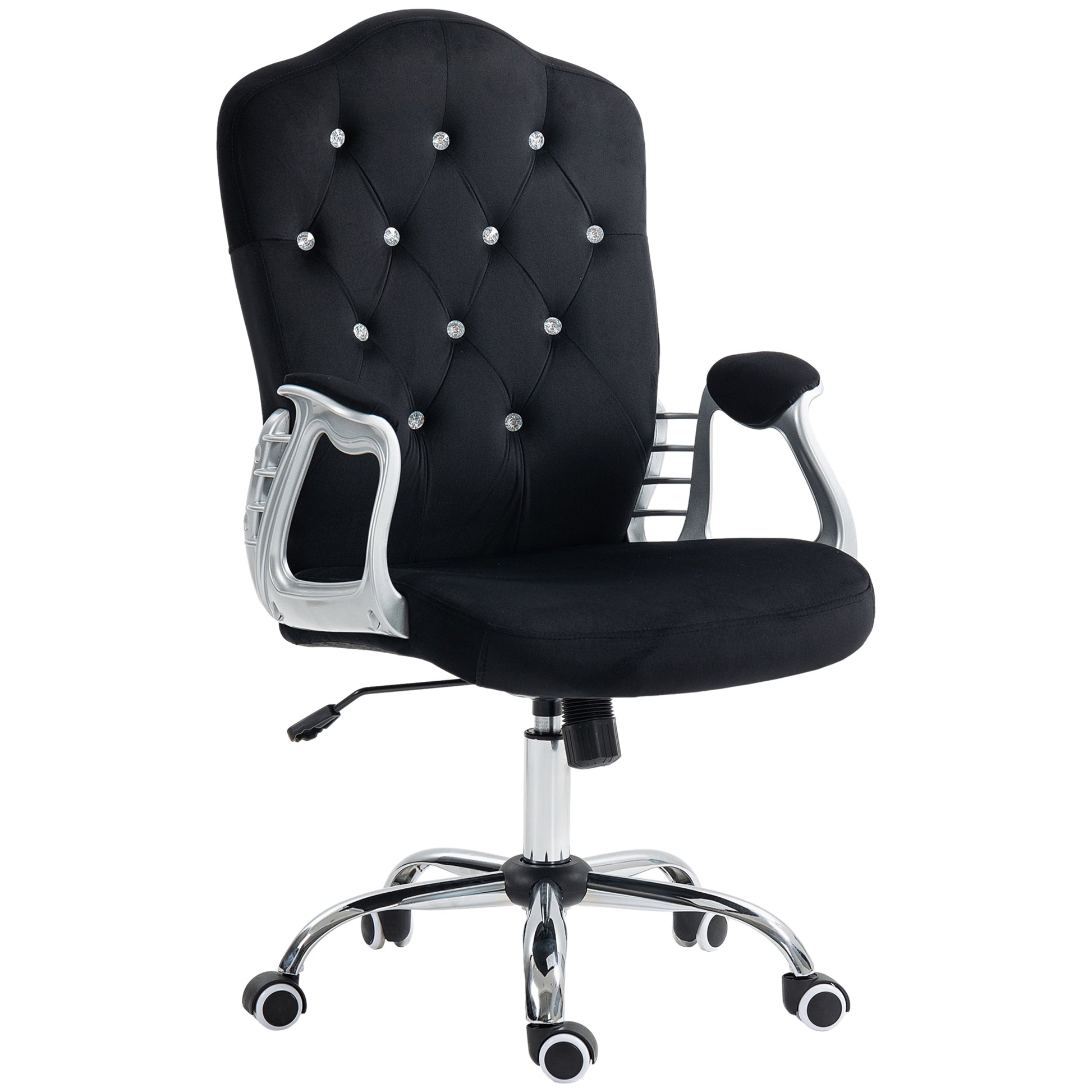 Black velvet executive chair with rhinestone tufting and chrome accents ideal for a home office