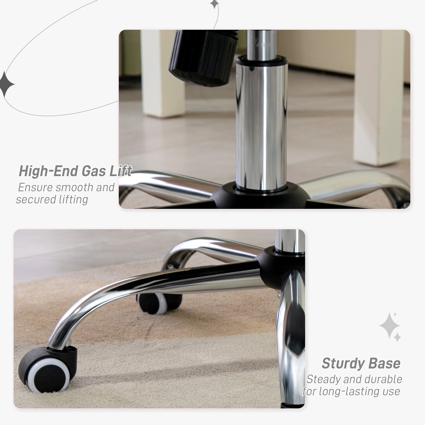 Closeup of a chrome office chair gas lift mechanism with black adjustment knob