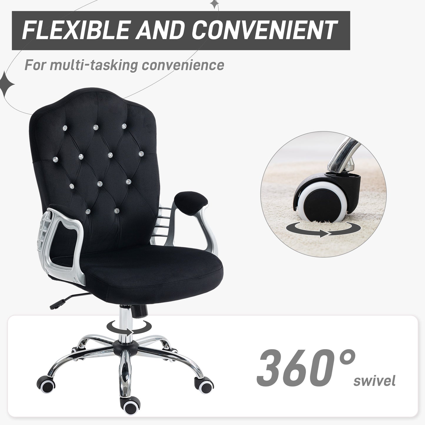 Black tufted velvet office chair with crystal accents and chrome base