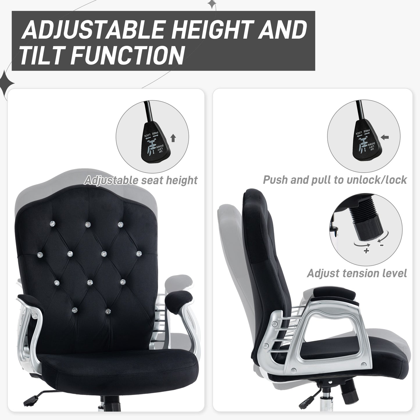 Black velvet executive chair with adjustable seat height lever mechanism