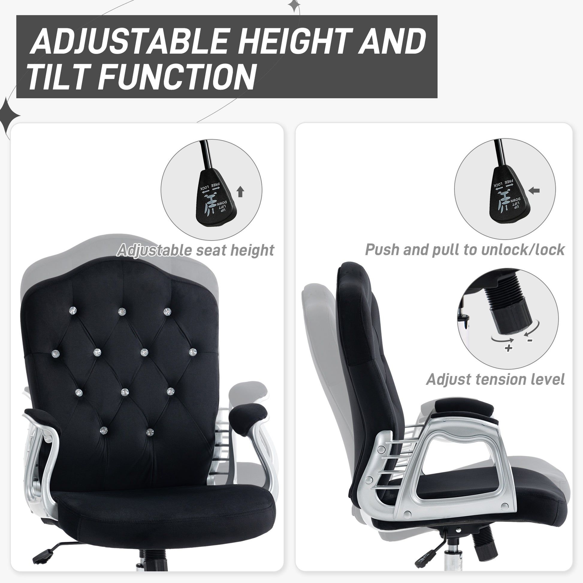 Black velvet executive chair with adjustable seat height lever mechanism