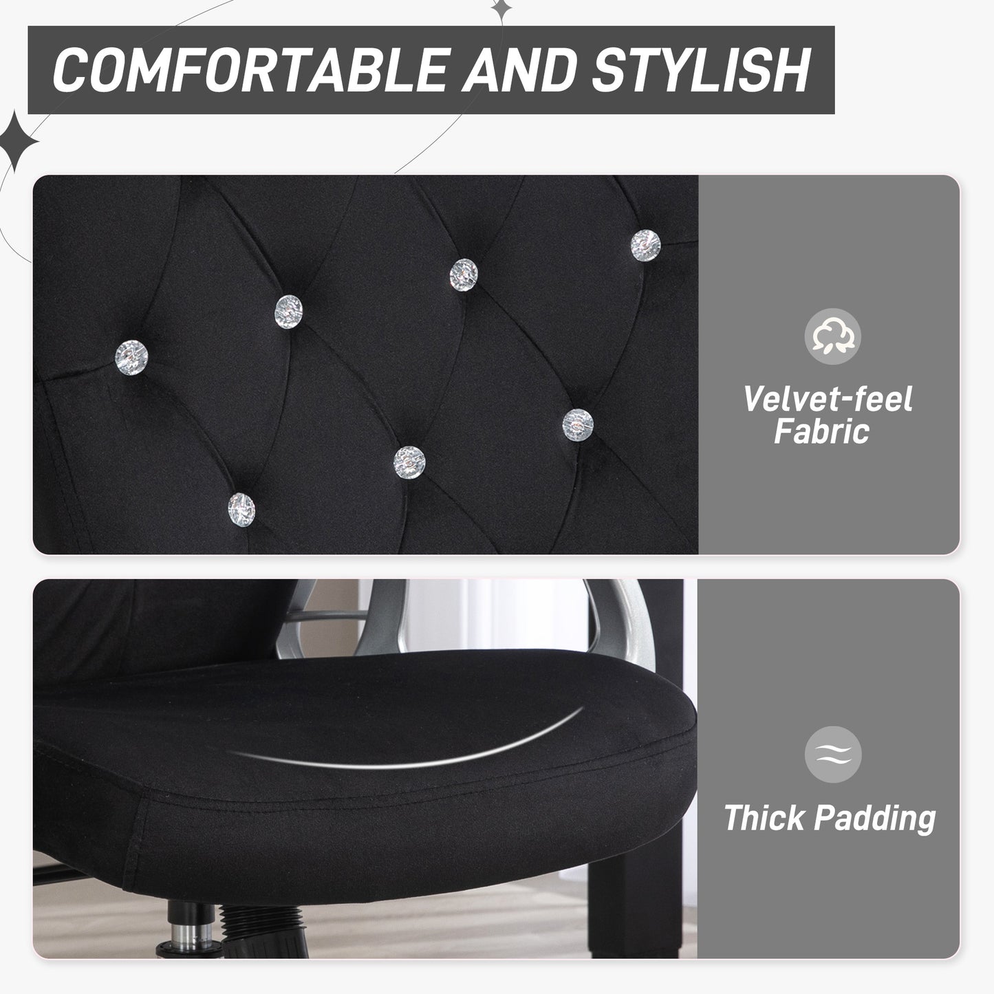 Black velvet feel office chair with crystal tufting detail and plush seating