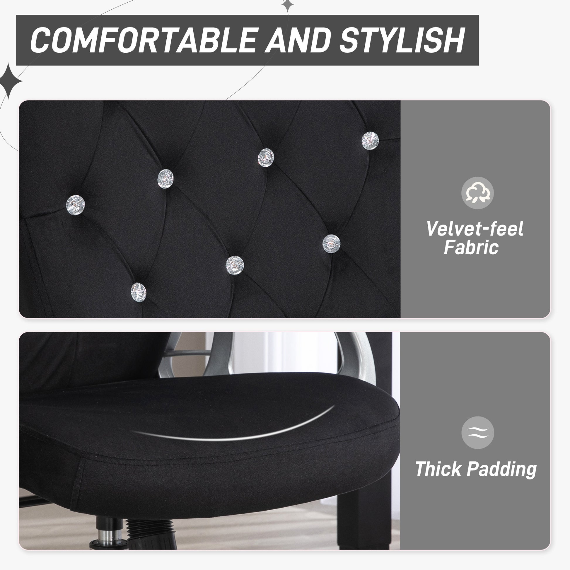 Black velvet feel office chair with crystal tufting detail and plush seating