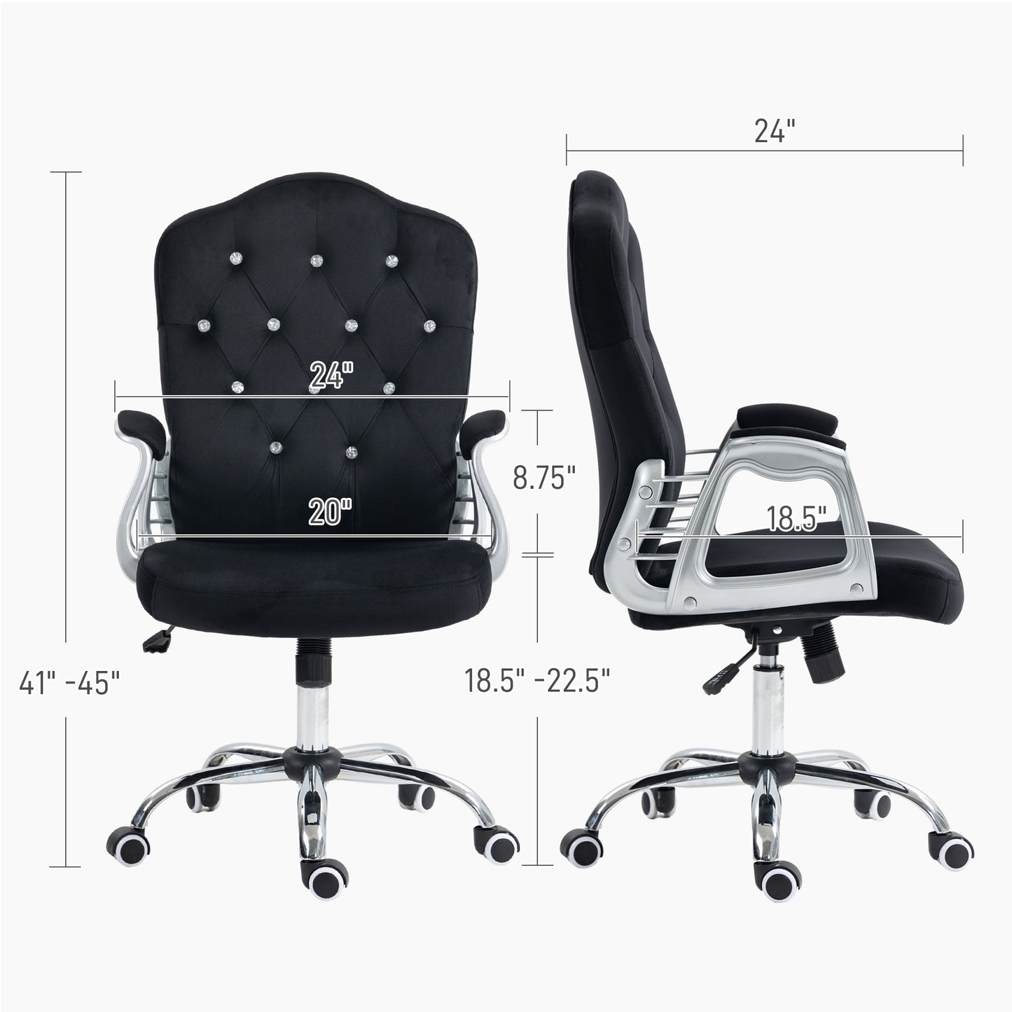 Black velvet office chair with tufted crystal accents and chrome base adjustable height for ergonomic comfort