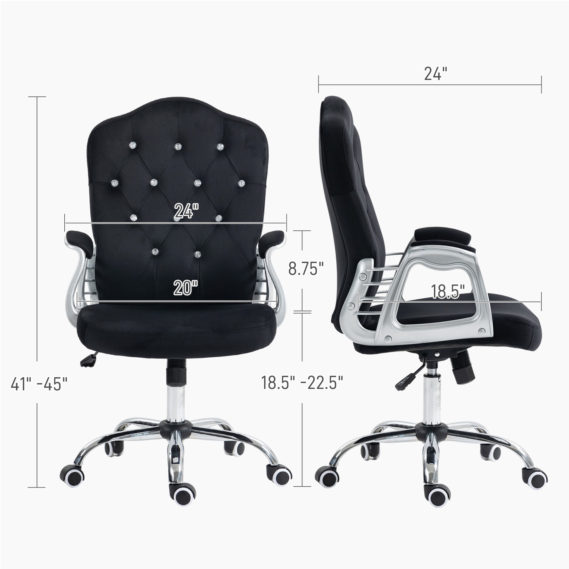 Black velvet office chair with tufted crystal accents and chrome base adjustable height for ergonomic comfort