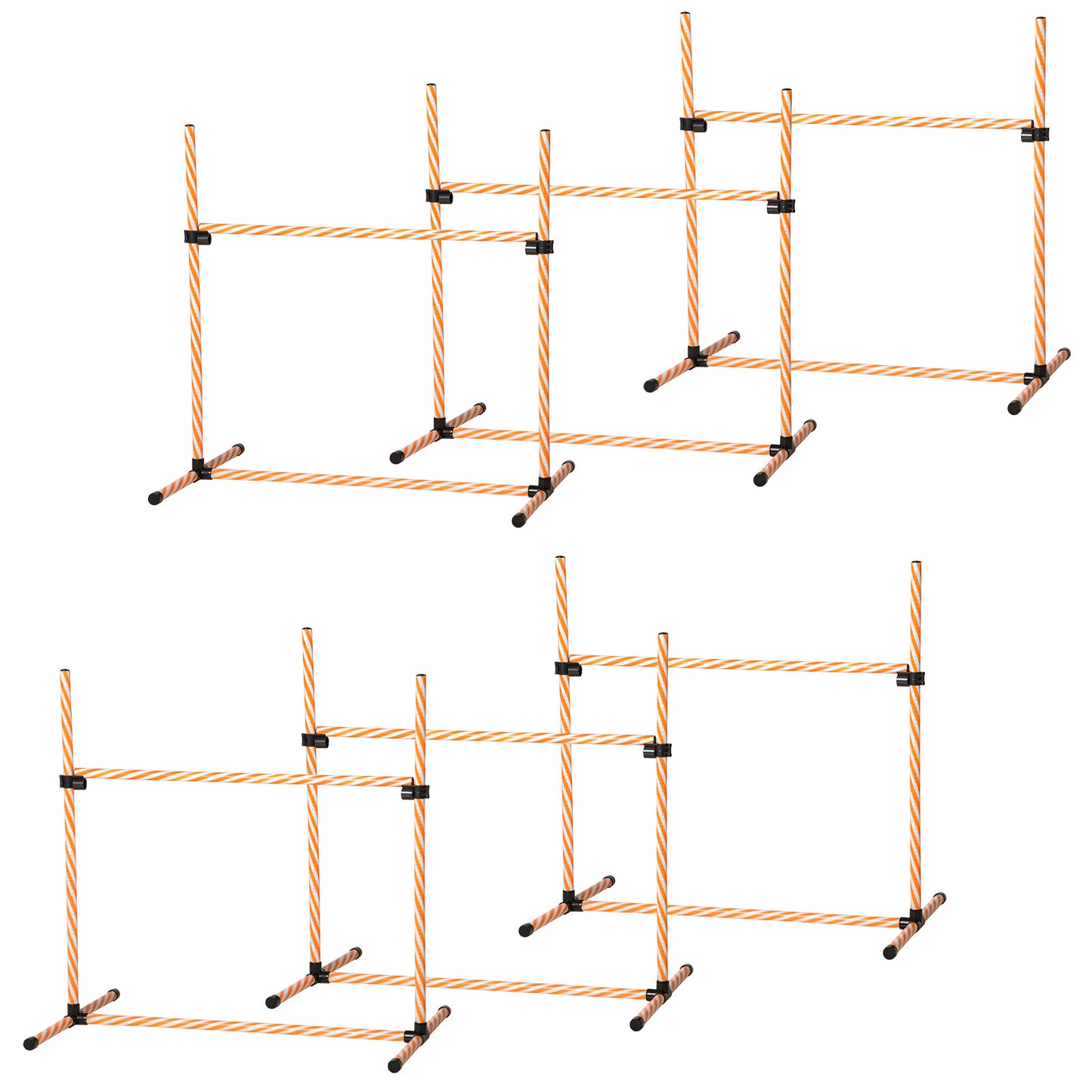 Four orange and white striped agility hurdles for dog training set on a white background