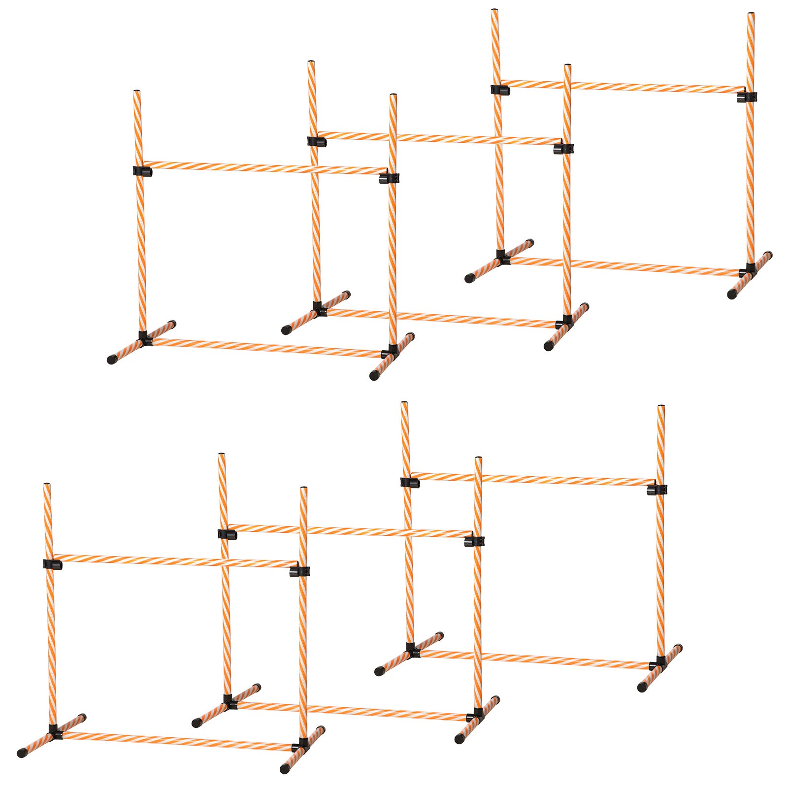 Four orange and white striped agility hurdles for dog training set on a white background