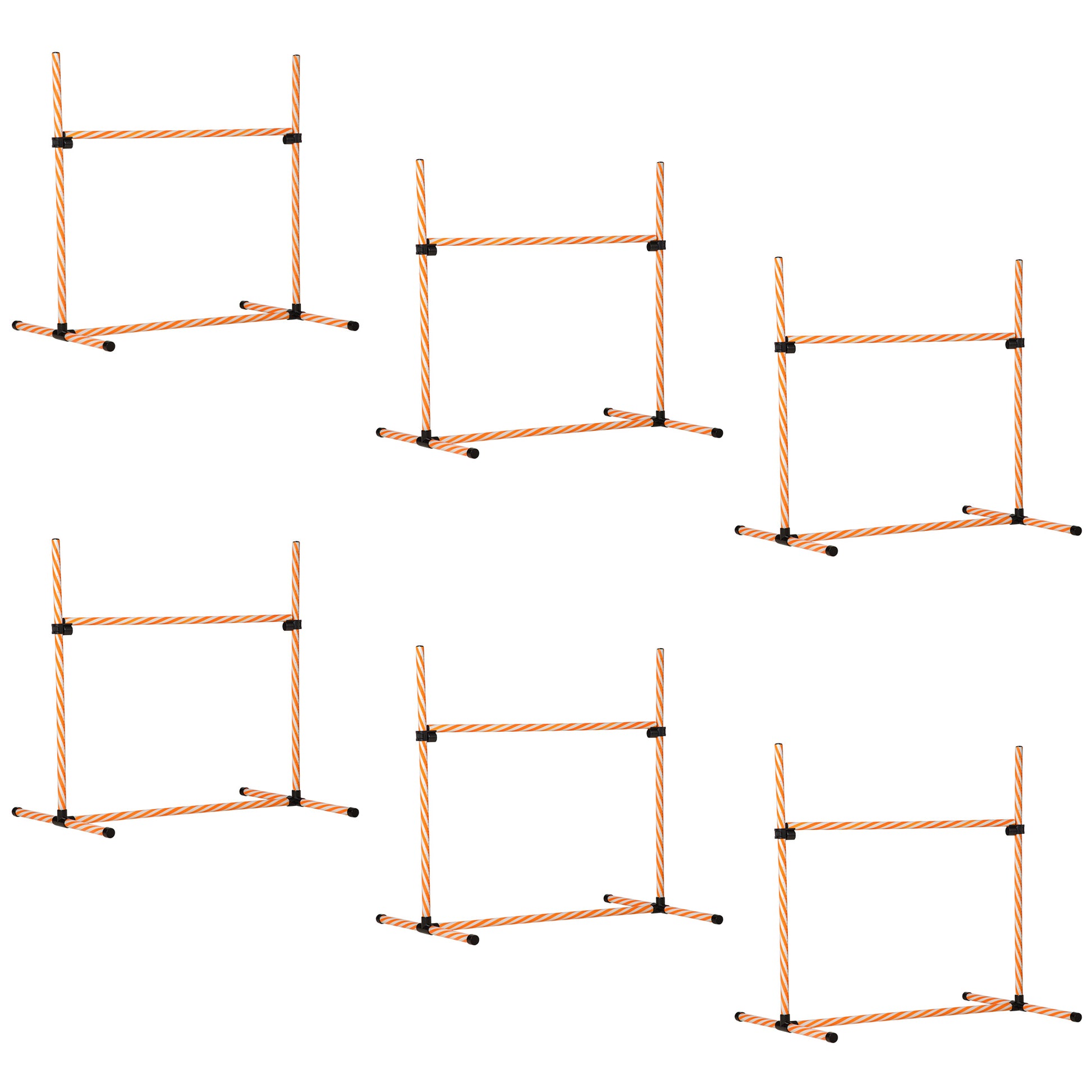 Set of  orange and white striped dog agility hurdles with sturdy black bases