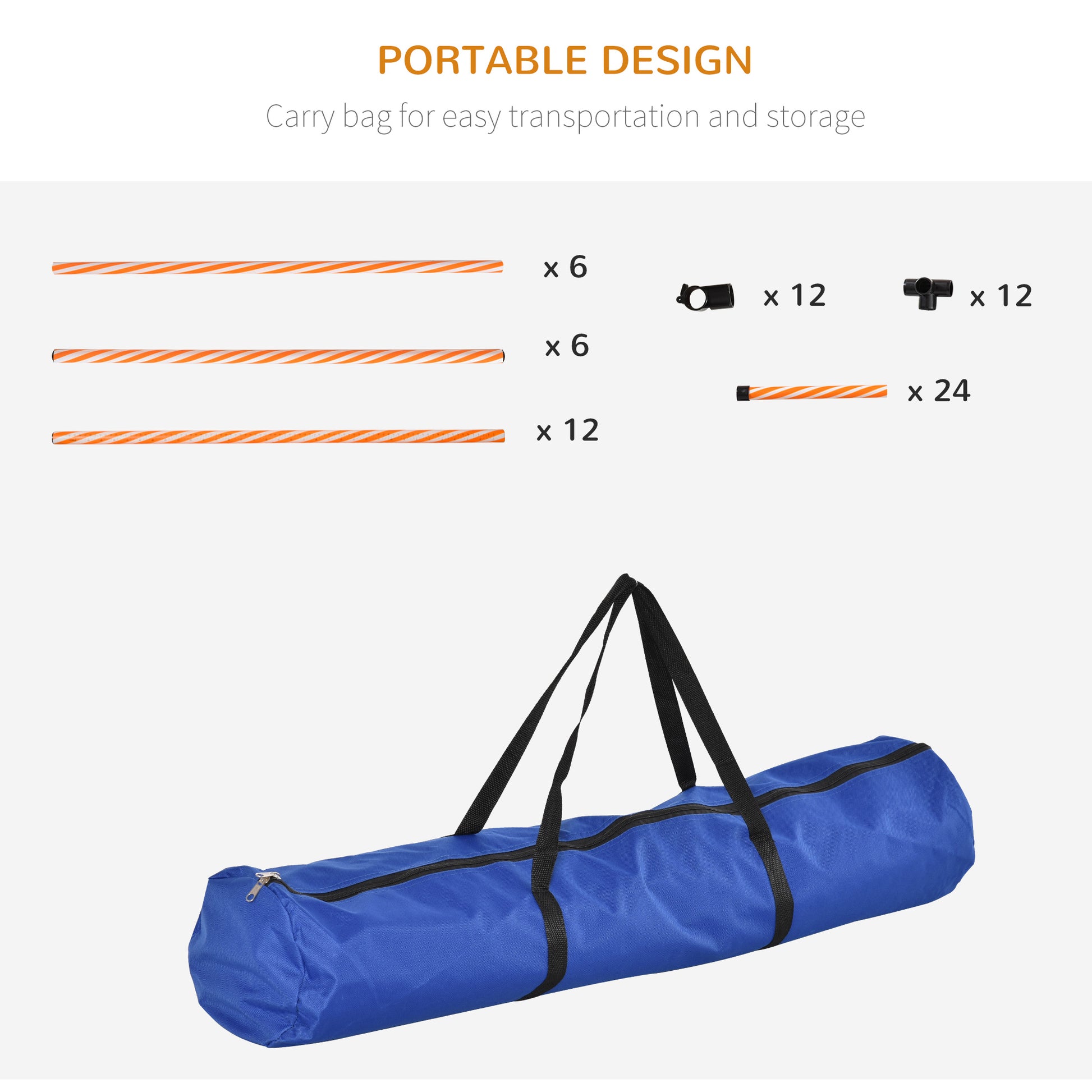 Orange and white striped tent poles with black connectors packed in a blue carry bag