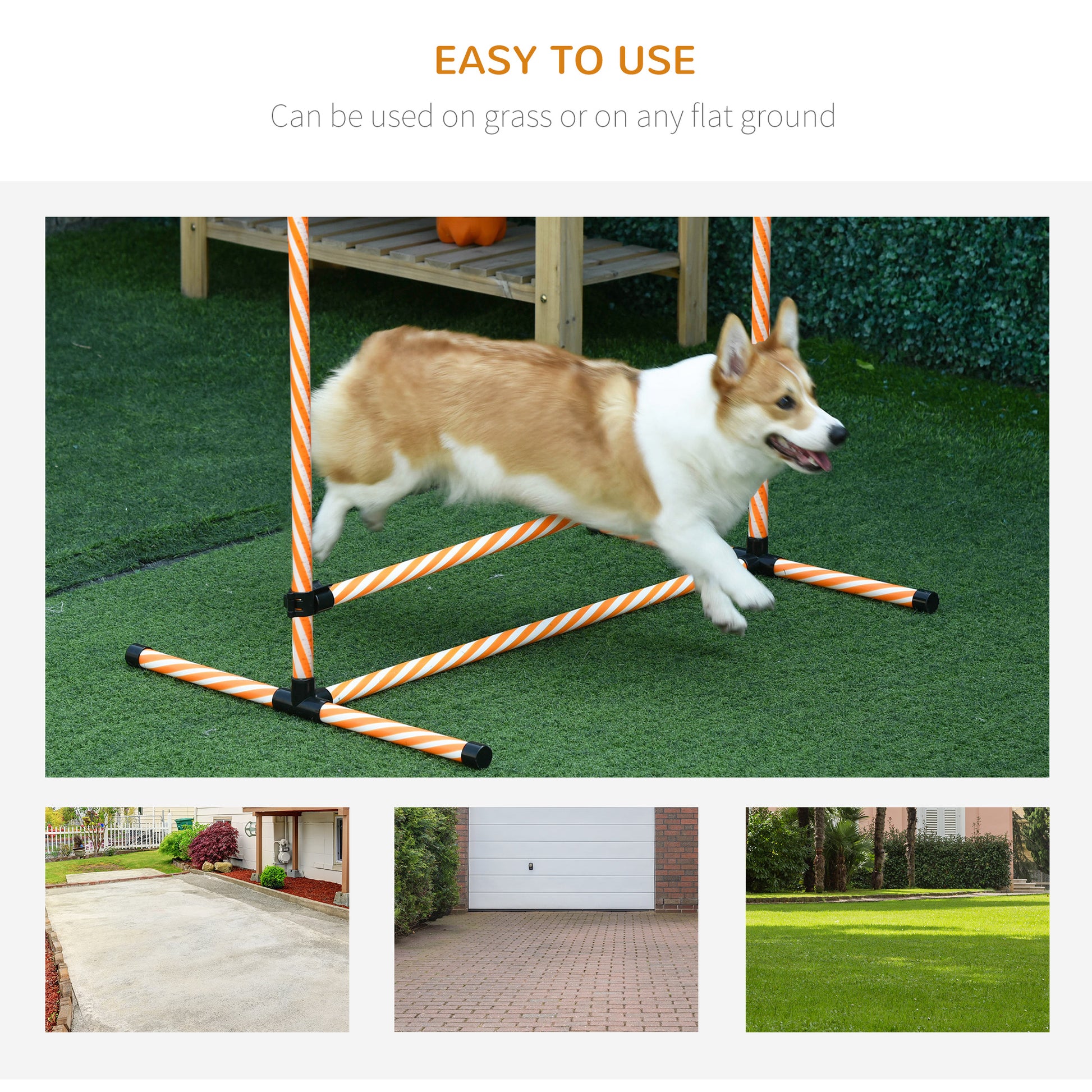 A corgi dog jumps over an orange and white striped agility hurdle on a green turf field