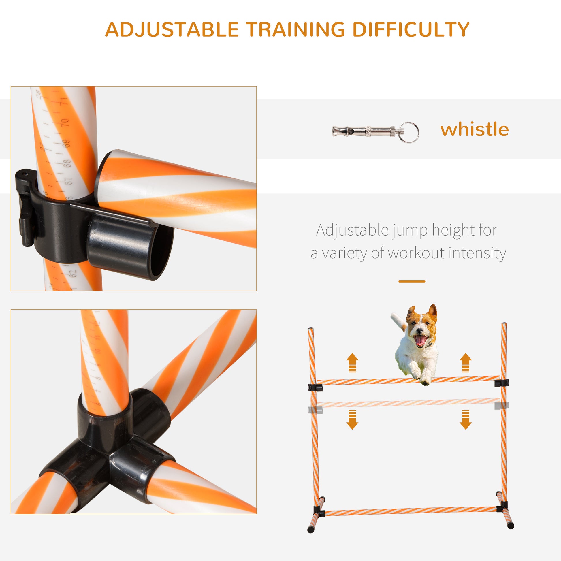 Closeup of orange and white striped dog agility poles with measurement markings