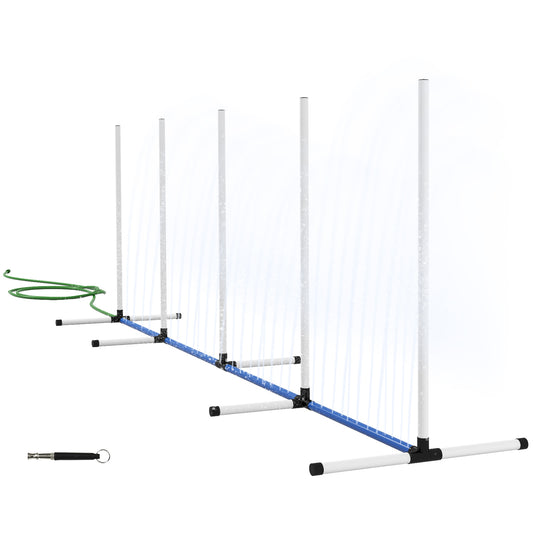White dog agility poles with blue connectors and a green hose